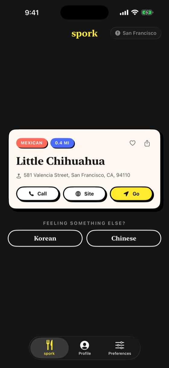 A recommendation card for Little Chihuahua, tagged Mexican and 0.4 mi, with Call, Site and Go buttons
