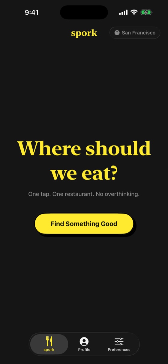 The home screen: &ldquo;Where should we eat?&rdquo; in yellow serif above a single yellow button, Find Something Good