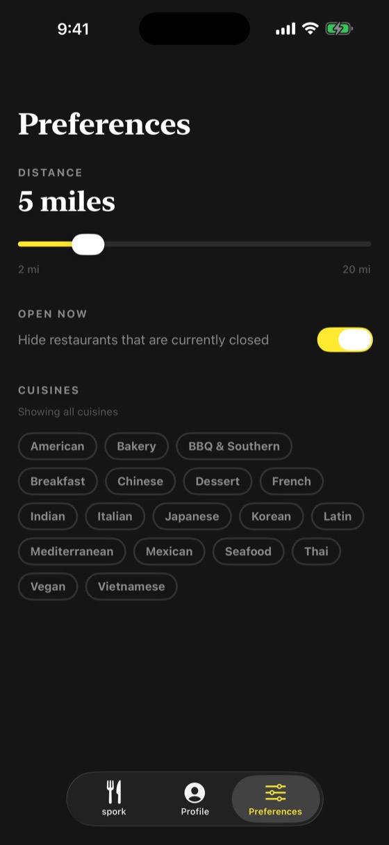 Preferences: a distance slider set to 5 miles, an open-now toggle, and a grid of cuisine filters